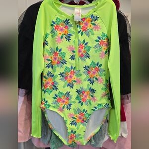 Cat & Jack Green Floral Kids Swim Rashguard